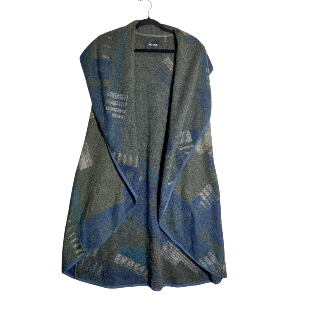 Nic+Zoe Womens Blue Grey Abstract Wool Blend Open Front Draped Vest Cardigan M